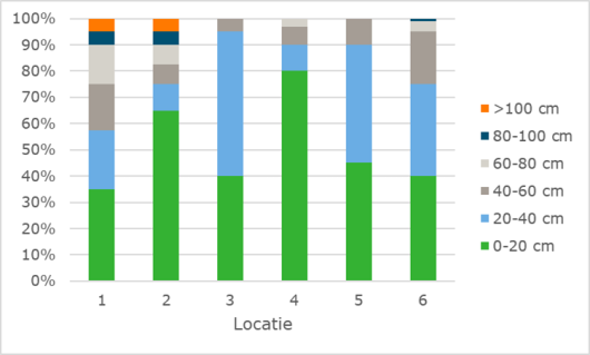 Opbouw van het wortelpakket van de duizendknoophaarden op zes verschillende locaties. De grafiek toont hoe per locatie de wortels van de duizendknoop verhoudingsgewijs verdeeld zijn over de verschillende bodemdieptes (0-20 cm, 20-40 cm, 40-60 cm, etc.). Opbouw van het wortelpakket van de duizendknoophaarden op zes verschillende locaties. De grafiek toont hoe per locatie de wortels van de duizendknoop verhoudingsgewijs verdeeld zijn over de verschillende bodemdieptes (0-20 cm, 20-40 cm, 40-60 cm, etc.).