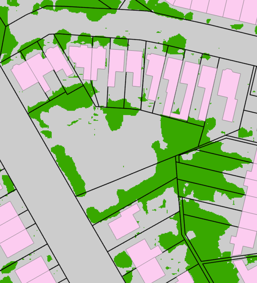 An example from the map showing green spaces in domestic gardens. An example from the map showing green spaces in domestic gardens.